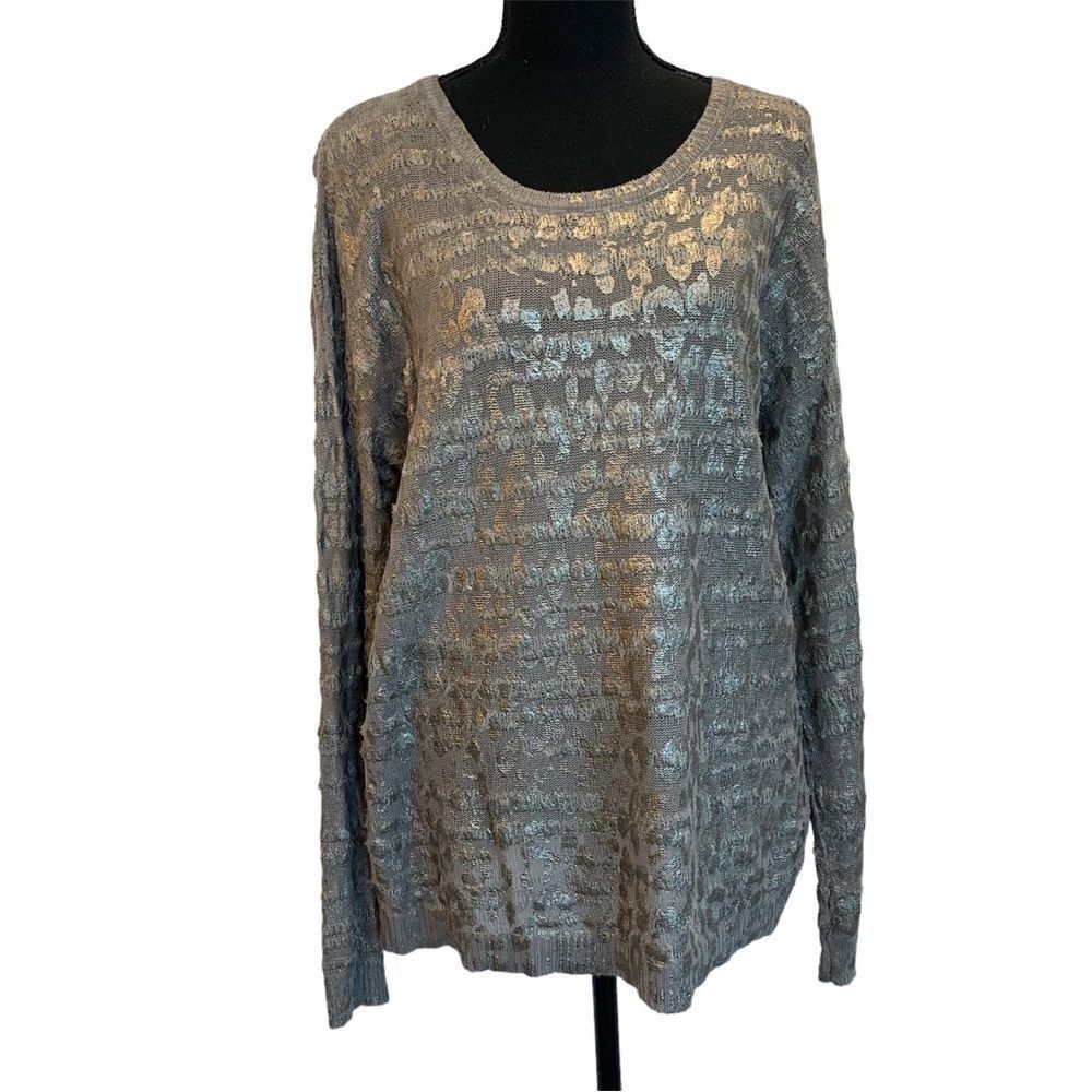 S.OLIVER taupe brown gray metallic print long sleeve crewneck sweater Sz M